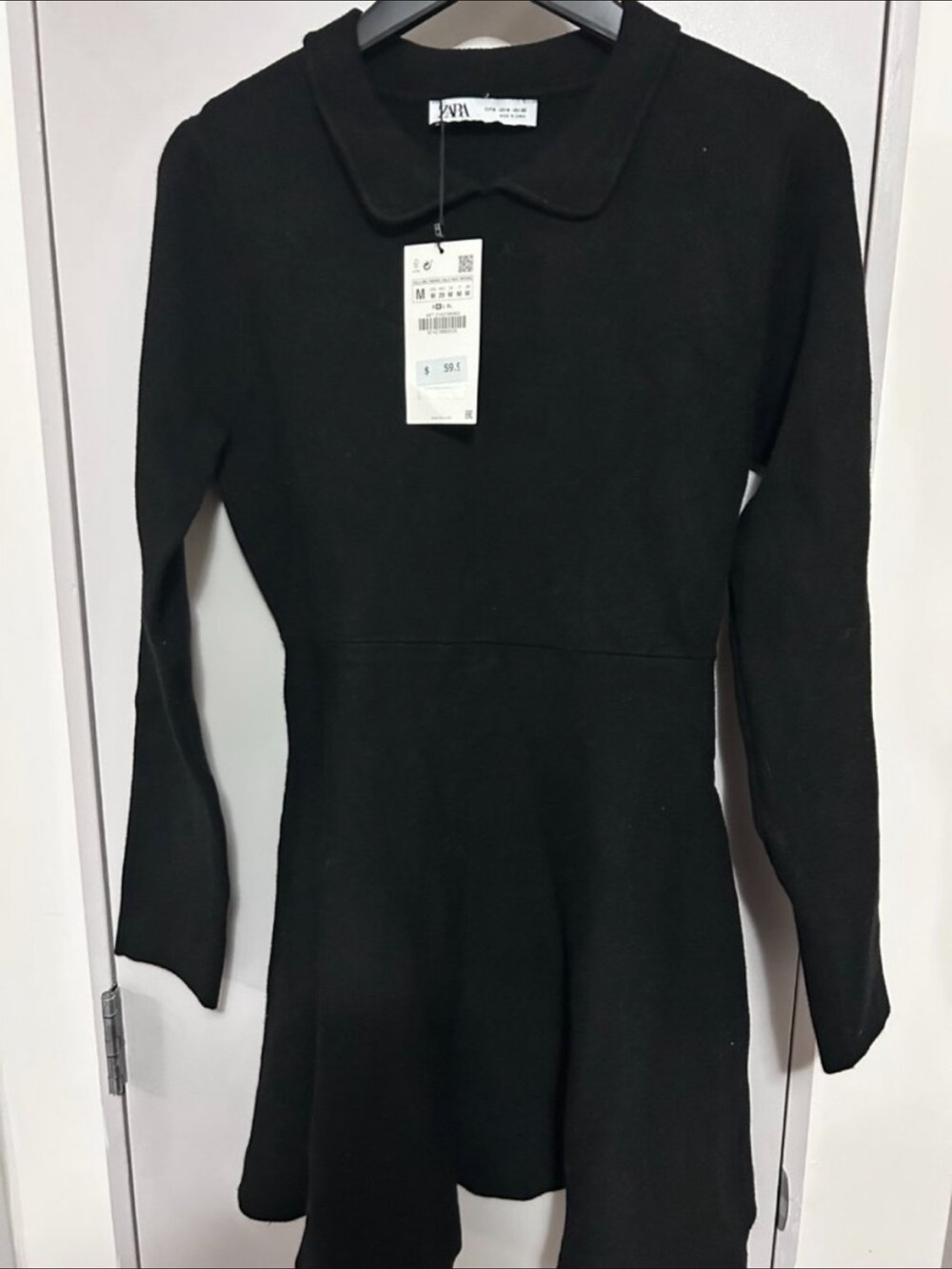 Zara Black Knit Dress Peter Pan Collar Long Sleeve Fit Flare Women's M NWT